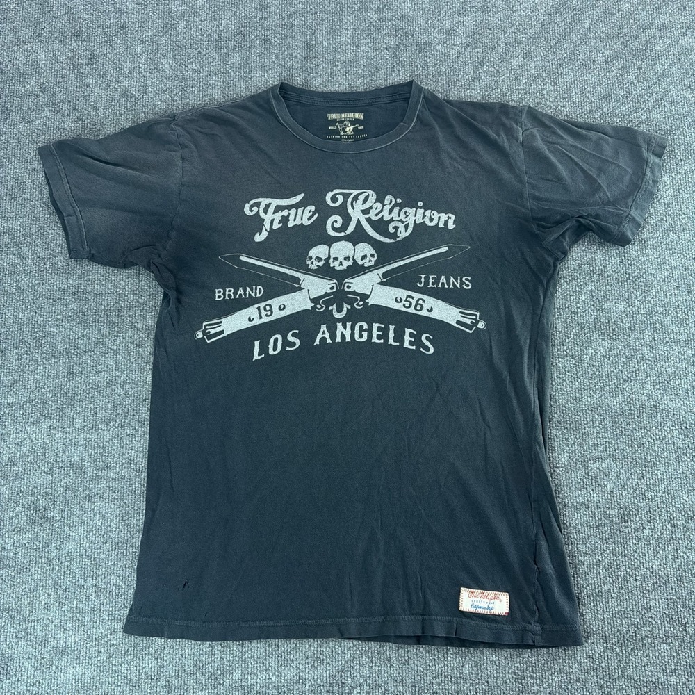 True Religion Mens Graphic T-Shirt Black Skulls Straight Razor Large Streetwear